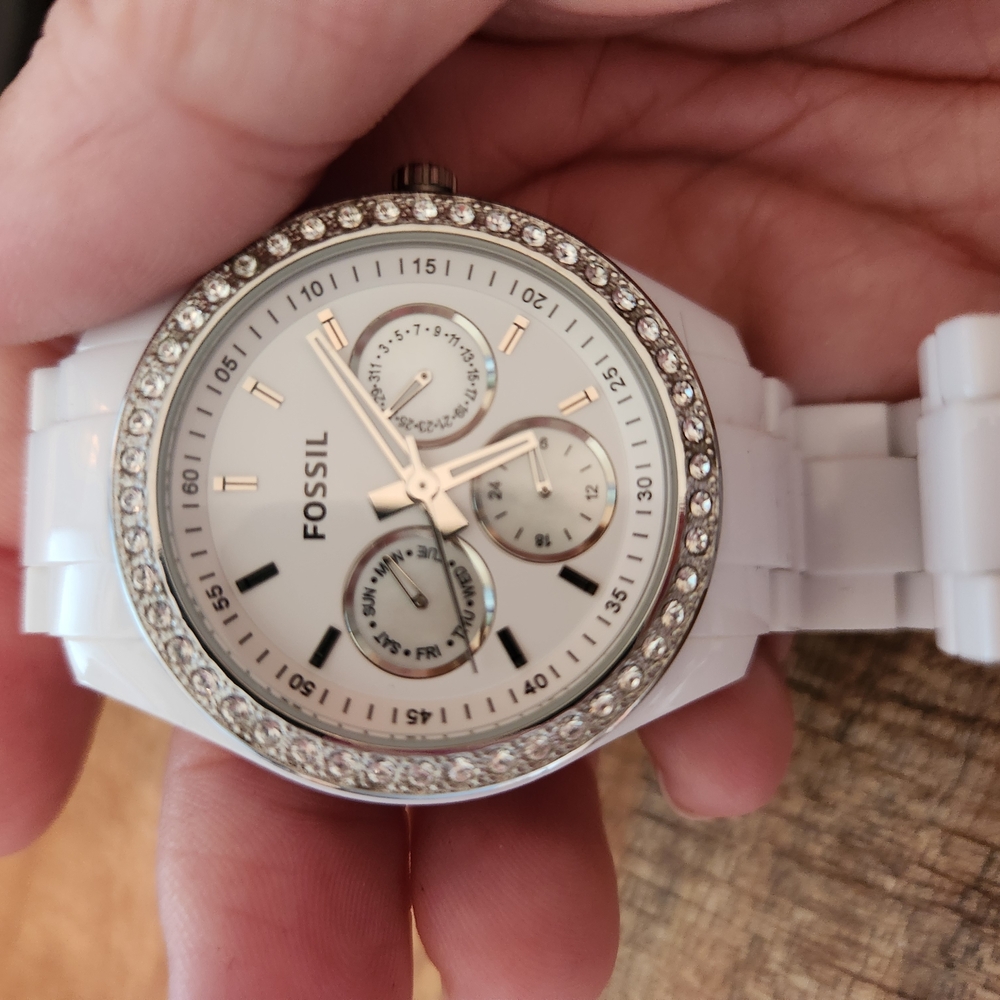 Fossil White and Silver Crystal-Accented Watch